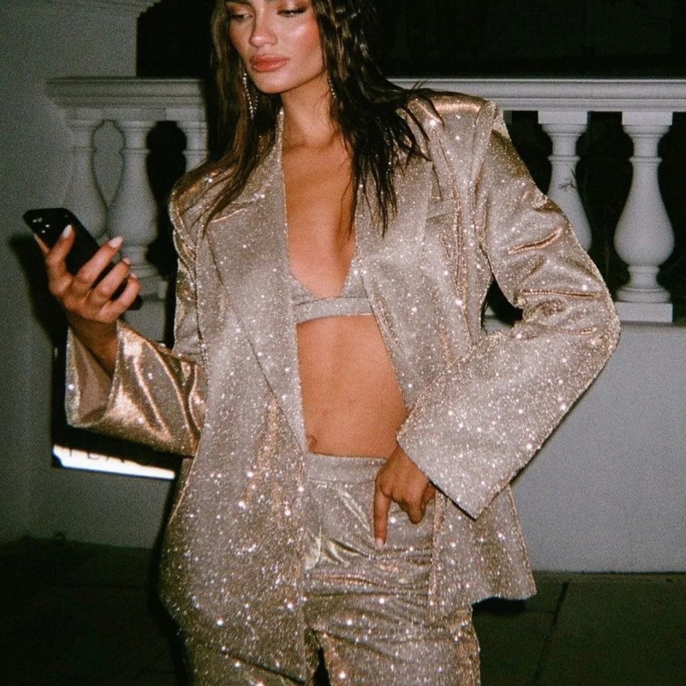 NWT SLA the Label Sparkly Glitter Bronze Paloma Oversized Blazer Size M